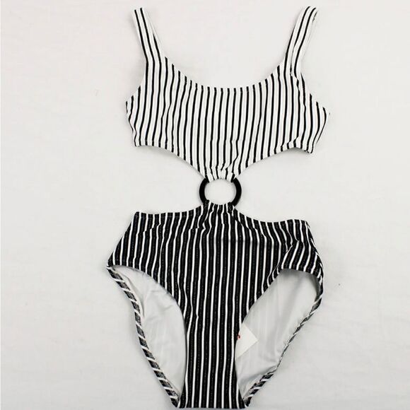 Solid and stripe mono Kini swimsuit with ring, stripe combo size extra small - Picture 1 of 12